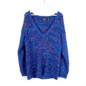 Vintage 90’s 80’s Blue Multicolored 3D Popcorn Knit Slouchy Oversized Sweater